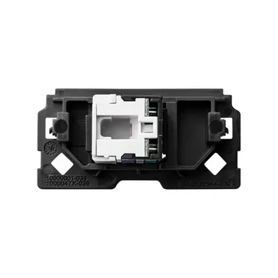Mechanizm gniazda komputerowego RJ45 kat.6 Simon 100, widoczny od tyłu, z białym modułem i czarną ramką montażową.