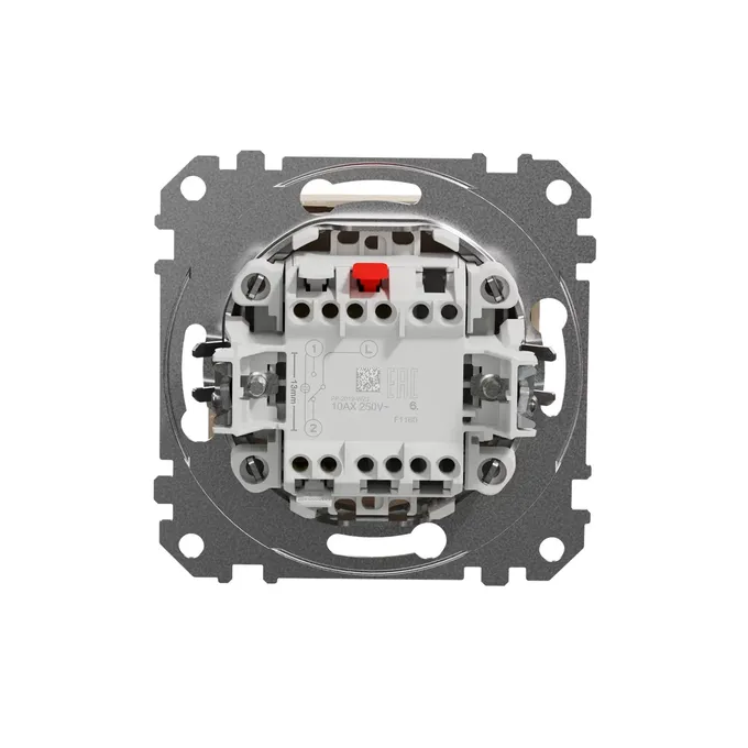 Mechanizm łącznika schodowego 10AX 250V Schneider Electric Sedna Design&amp;Elements z widocznymi zaciskami i oznaczeniami.