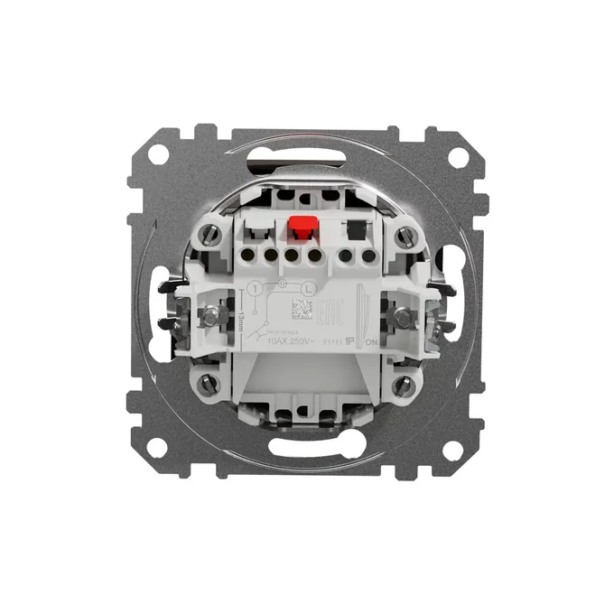 Mechanizm przycisku zwiernego Heban Schneider Sedna Elements SDD181111U z widocznymi zaciskami i oznaczeniami elektrycznymi.