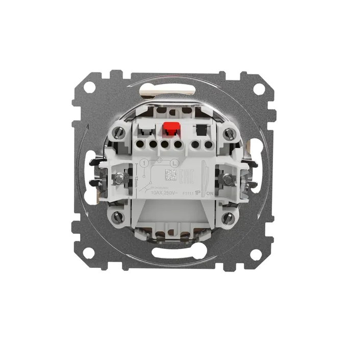 Mechanizm przycisku zwiernego Schneider Sedna Design&amp;Elements w kolorze beżowym, widok od tyłu z zaciskami śrubowymi i oznaczeniami.