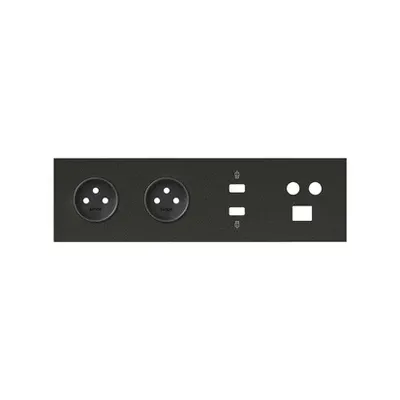 Panel poczwórny Simon 100 w kolorze czarnym matowym z dwoma gniazdami pojedynczymi, portem HDMI, USB, TV/SAT i RJ45.