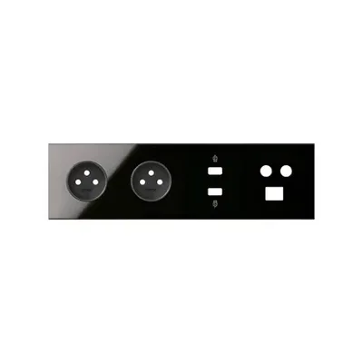 Panel poczwórny Simon 100 z dwoma gniazdami pojedynczymi, portem HDMI, USB, TV/SAT oraz RJ45, w kolorze czarny połysk.
