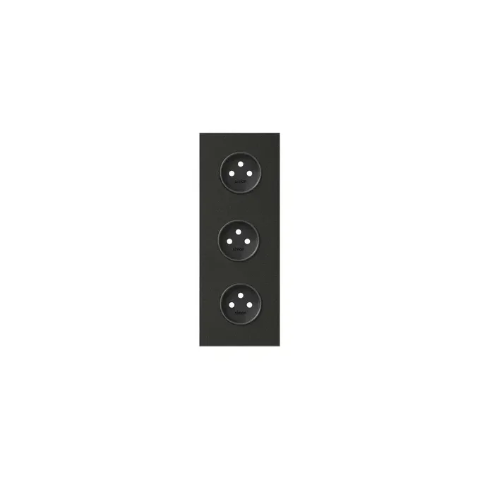Panel potrójny 3 gniazda pojedyncze Czarny mat Simon 100 - 10020315-238. Elegancki, matowy czarny panel z trzema gniazdami elektrycznymi umieszczonymi pionowo.