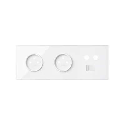 Panel potrójny Simon 100 w kolorze białym połysk, z dwoma gniazdami pojedynczymi, gniazdem TV oraz gniazdem RJ45.