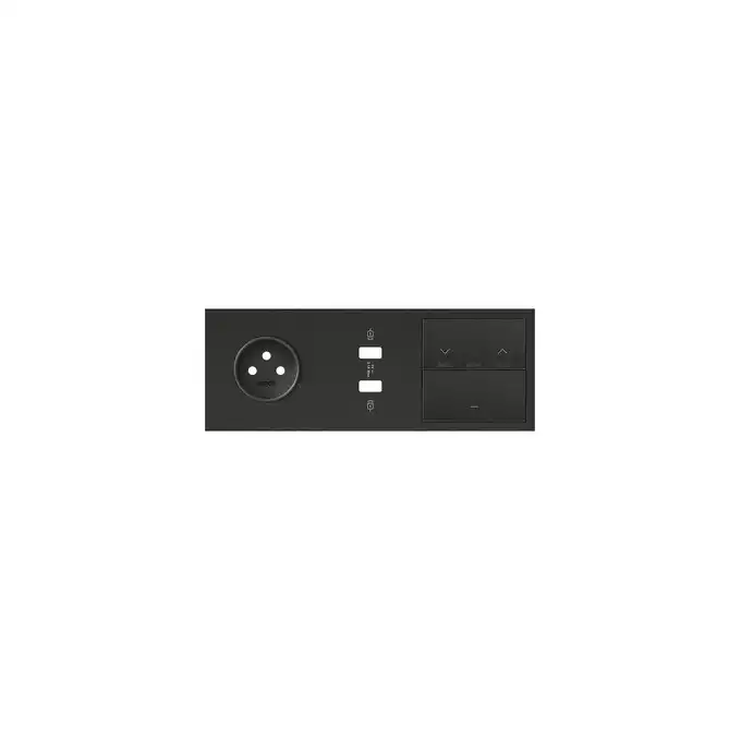 Panel potrójny gniazdo pojedyncze + ładowarka 2xUSB + przycisk żaluzjowy + 1 klawisz Czarny mat Simon 100 - 10020319-238