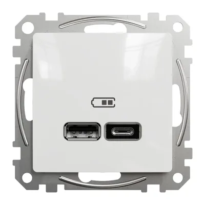 Podwójna ładowarka USB typu A i C Schneider Sedna Design&amp;Elements w kolorze białym, z symbolem baterii.