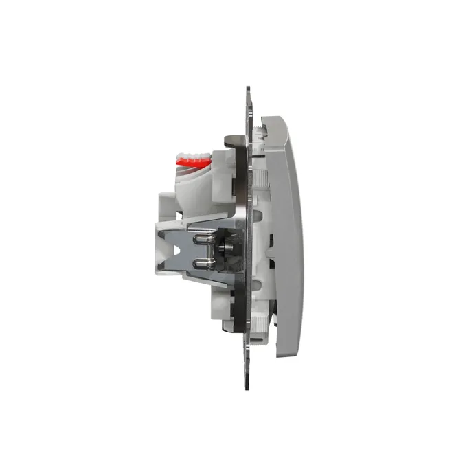 Przycisk zwierny Schneider Sedna Design&amp;Elements SDD113111 w kolorze srebrnym, widok z boku ukazujący mechanizm.