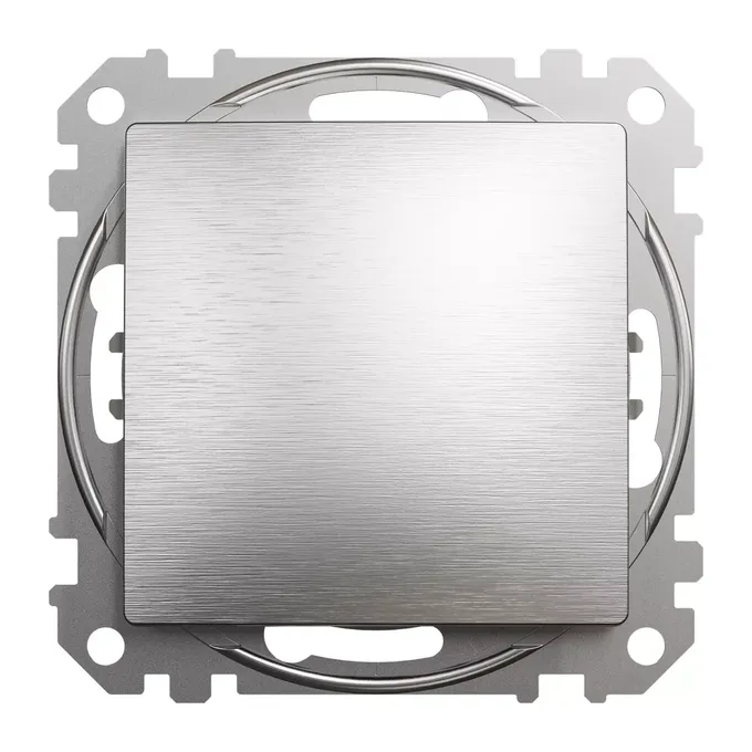 Przycisk zwierny Schneider Sedna Elements SDD170111U ze szczotkowanego aluminium, widok z przodu na białym tle.