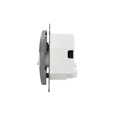 Regulator temperatury Schneider Sedna Design&amp;Elements SDD113506 z wbudowanym czujnikiem, srebrne aluminium, widok z boku.