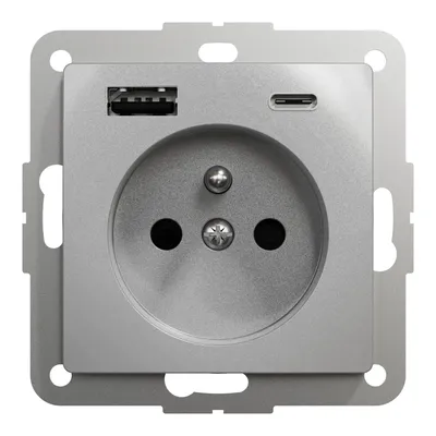 Srebrne aluminiowe gniazdo pojedyncze Schneider Sedna Design&amp;Elements z dwoma portami USB (typ A i C) do ładowania urządzeń.