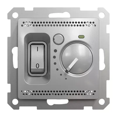 Srebrny regulator temperatury Schneider Sedna Design&amp;Elements z pokrętłem i przełącznikiem, czujnik podłogowy