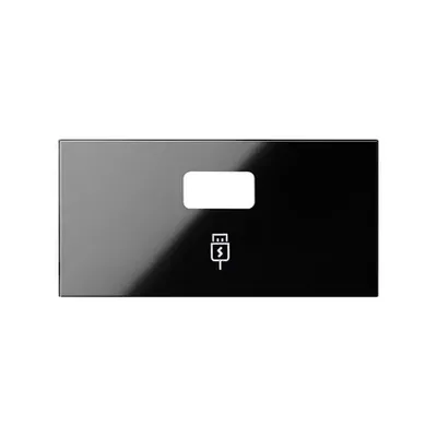 Czarna, błyszcząca pokrywa ładowarki USB Simon 100 z białym symbolem ładowania i otworem na port.