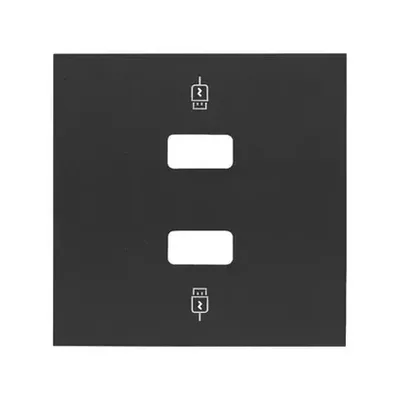 Czarna matowa pokrywa ładowarki 2xUSB Simon 100 z symbolami USB u góry i u dołu.