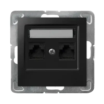 Gniazdo komputerowe podwójne RJ45 kat.5e Ospel Impresja w kolorze czarny matowy z miejscem na opis.