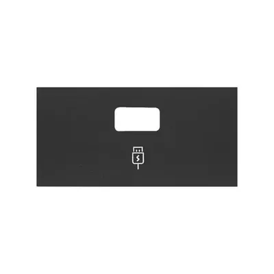 Matowa czarna pokrywa ładowarki USB Simon 100 z białym symbolem USB i prostokątnym otworem.