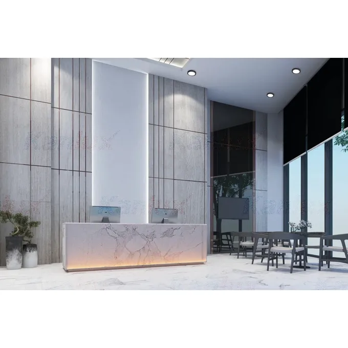 Nowoczesne wnętrze recepcji z designerską ladą i oświetleniem, idealne do biura lub hotelu.