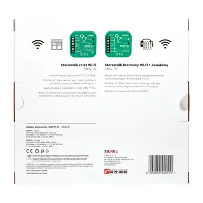 Opakowanie zestawu sterowania rolet Wi-Fi ZSW-01 Zamel, zawierające moduły SRW-01 i SBW-01.