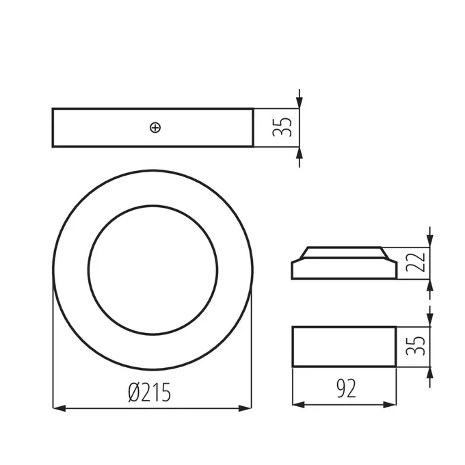 Schemat techniczny oprawy downlight CARSA V2LED Kanlux z wymiarami: średnica 215mm, wysokość 35mm, szerokość 92mm, wysokość 22mm.