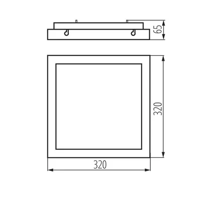 Schemat techniczny plafoniery LED Kanlux TYBIA M z czujnikiem ruchu, wymiary 320x320x65 mm.