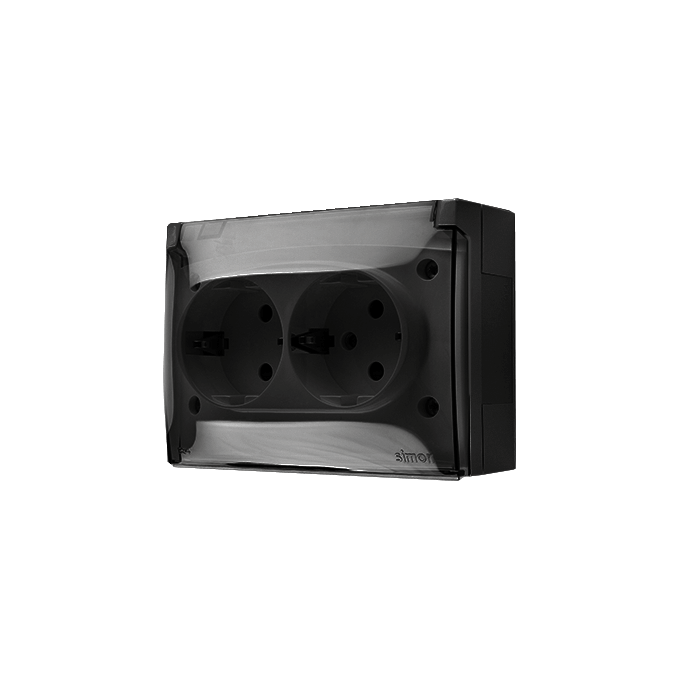 Gniazdo podwójne z uziemieniem Schuko natynkowe (kompaktowe) IP-44 Czarny mat, klapka transparentna Simon Aquaclick - ACGSZ2/49A