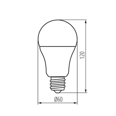 Schemat techniczny żarówki LED Kanlux Miledo A60 o mocy 13W, z gwintem E27, emitującej ciepłe białe światło 3000K o strumieniu 1520lm. Wymiary: wysokość 120 mm, średnica 60 mm.