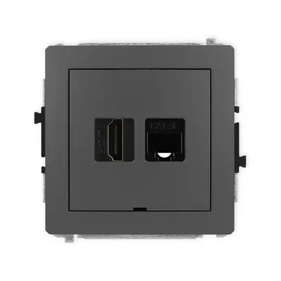Gniazdo HDMI 2.0 i RJ45 kat.5e Karlik DECO grafitowy mat - widok z przodu na dwa porty.