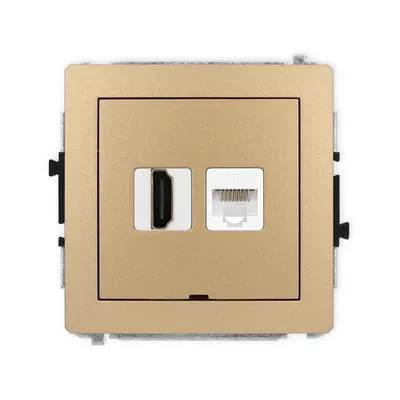 Gniazdo HDMI 2.0 i RJ45 kat.5e Karlik DECO w kolorze złotego metaliku, z widocznym portem HDMI i złączem Ethernet.