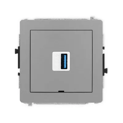 Gniazdo USB-A 3.0 pojedyncze Karlik DECO w kolorze szarym matowym z widocznym niebieskim portem USB.
