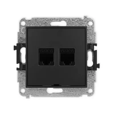 Gniazdo komputerowe podwójne RJ45 Karlik MINI kat. 6, czarne matowe, z dwoma portami.