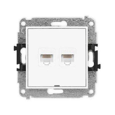 Gniazdo komputerowe podwójne RJ45, białe, połysk, Karlik MINI, kategoria 5e, do montażu natynkowego lub podtynkowego.