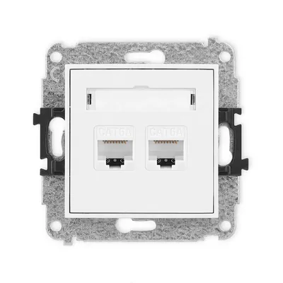 Gniazdo komputerowe podwójne RJ45, kat. 6a, białe połysk Karlik MINI - MGK-8, z polem opisowym.