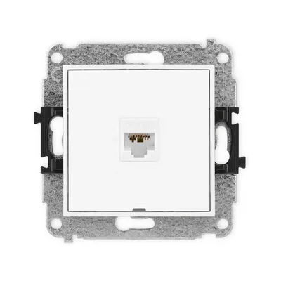 Gniazdo komputerowe pojedyncze RJ45, kat. 6a, białe, połysk, Karlik MINI - widok z przodu na mechanizm montażowy.