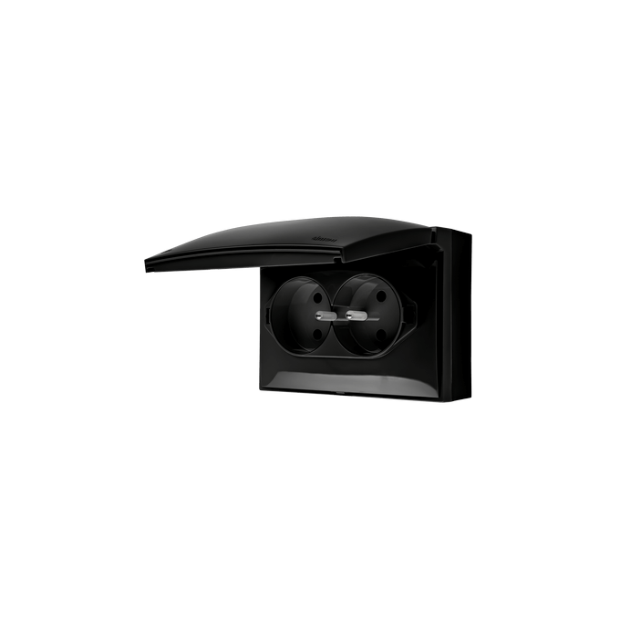 Gniazdo podwójne z uziemieniem i przesłonami natynkowe (kompaktowe) IP-44 Czarny mat, klapka czarna Simon Aquaclick - ACGZ2Z/49
