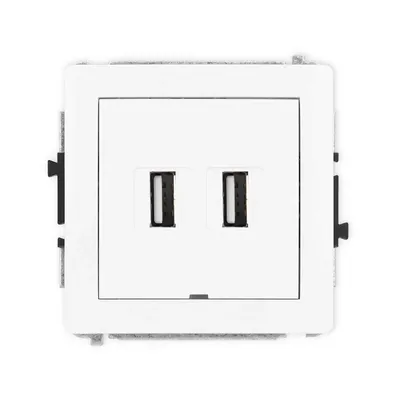 Podwójne gniazdo USB-A 2.0 Karlik DECO w białym połysku, model DGUSBBO-2, z dwoma portami USB do ładowania urządzeń.