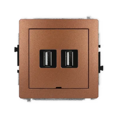 Podwójne gniazdo USB-A 2.0 Karlik DECO w kolorze brązowego metaliku, z dwoma portami USB do ładowania urządzeń.