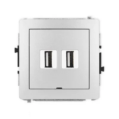 Podwójne gniazdo USB-A 2.0 Karlik DECO w kolorze srebrny metalik, idealne do ładowania urządzeń.