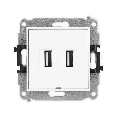 Podwójne gniazdo USB-A 2.0 Karlik MINI w białym połysku, model MGUSBBO-2, z metalowym stelażem.