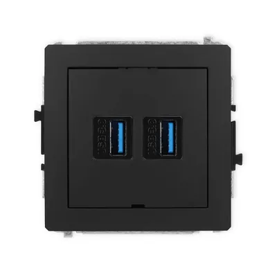 Podwójne gniazdo USB-A 3.0 Karlik DECO w kolorze czarny mat, z niebieskimi portami USB 3.0.