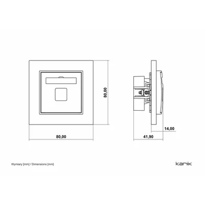 Schemat techniczny gniazda pojedynczego USB-C Karlik MINI 7MGUSBBO-7 z wymiarami 80x80mm i głębokością 41,9mm.