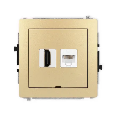 Złote gniazdo HDMI 2.0 i RJ45 kat.5e Karlik DECO 29DGHKBO-45e na białym tle.