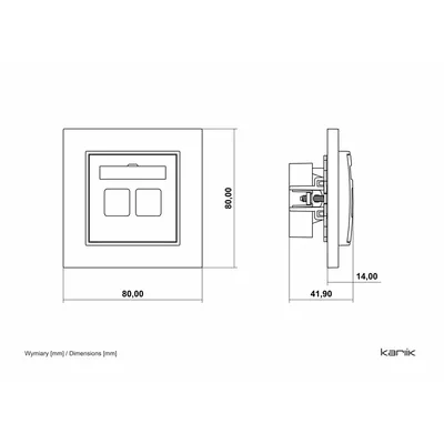 Schemat techniczny gniazda podwójnego 2xUSB-C Karlik MINI z wymiarami: szerokość 80mm, wysokość 80mm, głębokość 41,90mm, ramka 14mm.