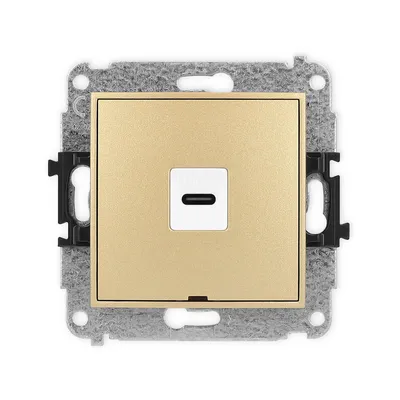 Złote gniazdo pojedyncze USB-C Karlik MINI z białym wykończeniem i metalową ramką montażową.