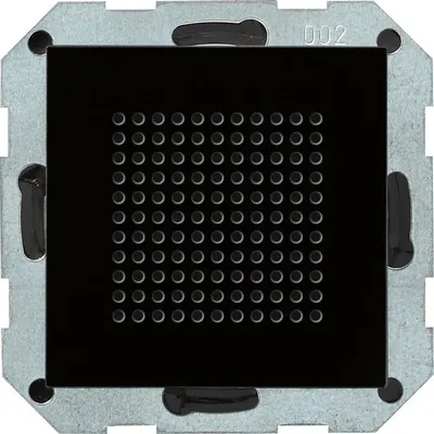 Głośnik do radia Gira System 55 w eleganckim czarnym szkle, z metalową ramką i perforowanym frontem.