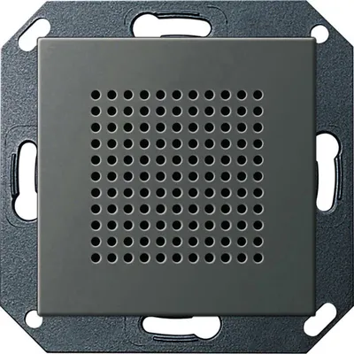 Głośnik do radia Gira System 55 w kolorze stali szlachetnej, z perforowaną maskownicą, do montażu podtynkowego.