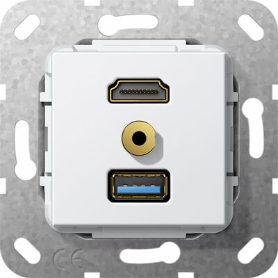 Gniazdo HDMI 2.0a + USB A 3.0 + mini-jack 3,5mm (rozgałęźnik) Biały połysk Gira System 55 - 568103