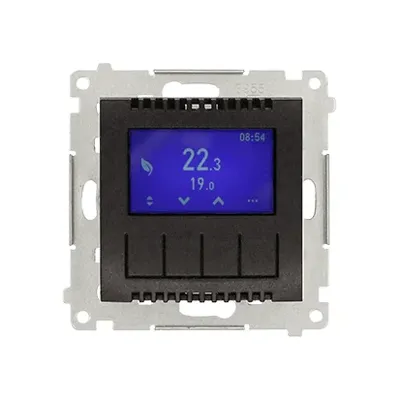 Regulator temperatury z wyświetlaczem Antracyt Simon 54 - DETD1A.01/48 marki Kontakt-Simon, z niebieskim ekranem pokazującym temperaturę 22.3°C.