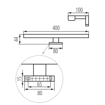 Schemat techniczny oprawy ASTIM IP44 8W-NW-W Kanlux z wymiarami: długość 400 mm, szerokość 44 mm, rozstaw mocowań 65 mm.