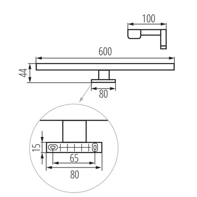 Schemat techniczny oprawy ASTIM IP44 Kanlux z wymiarami: długość 600mm, wysokość 44mm, szerokość podstawy 80mm, szczegół mocowania 15x80mm.