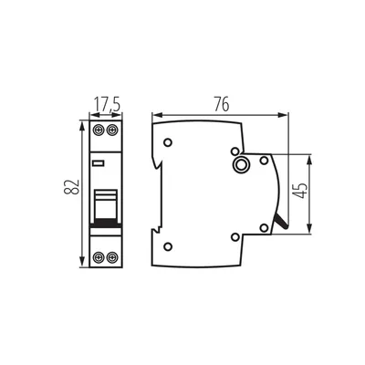 Wyłącznik nadprądowy Kanlux 1P+N C 25A 6kA KMBN6-C25/1 - schemat z wymiarami: wysokość 82 mm, szerokość 17,5 mm, głębokość 45 mm, długość 76 mm.