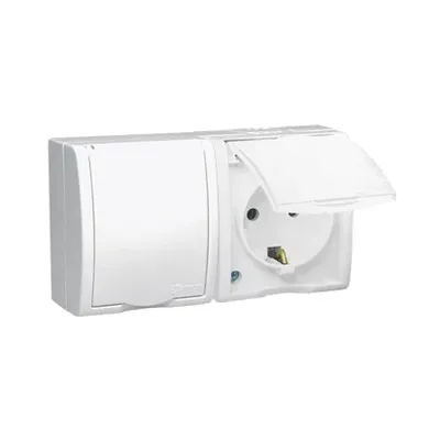 Białe gniazdo podwójne Simon Aquarius IP-54 z uziemieniem Schuko, przesłonami i klapką, natynkowe, model AQGSz1-2z/11.